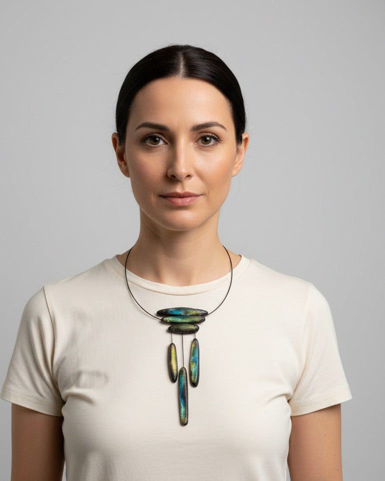 Bijou plastron léger avec éléments suspendus en résine texturée et irisée bleu, vert. Détail porté.