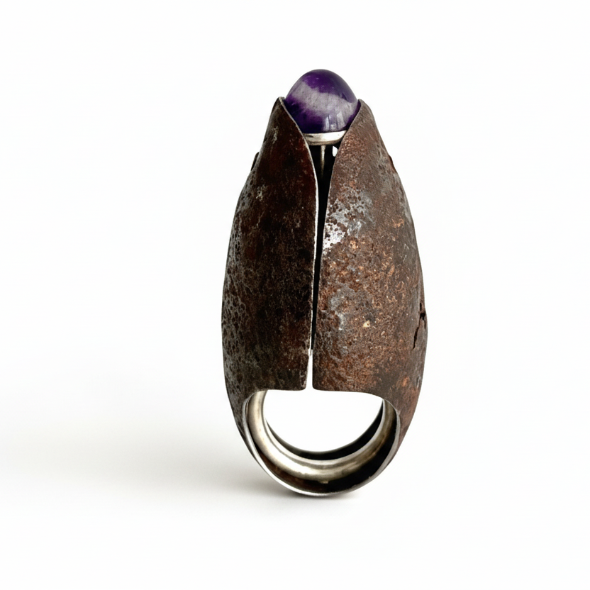 Bague en fer rouillé en forme d'ogive avec amethyste, la structure et l'anneau sont en argent massif.pièce d'artiste 2016.